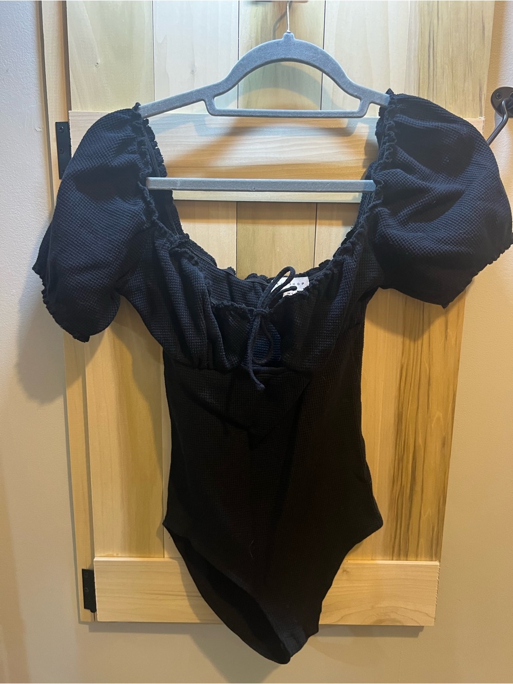 Topshop Black Puff-Sleeve Bodysuit with Tie Neck